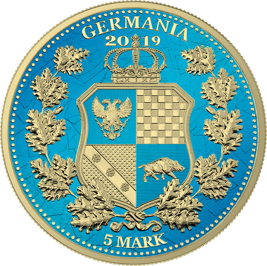 Germania 2019 5 Mark Allegories Columbia 1 Oz Silver Coin Space Blue & Gilded