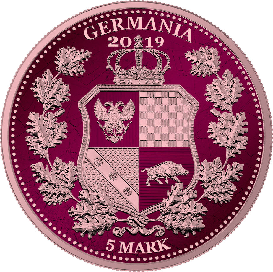 Germania 2019 5 Mark Allegories Columbia 1 Oz Silver Coin Maroon & Rose Gold