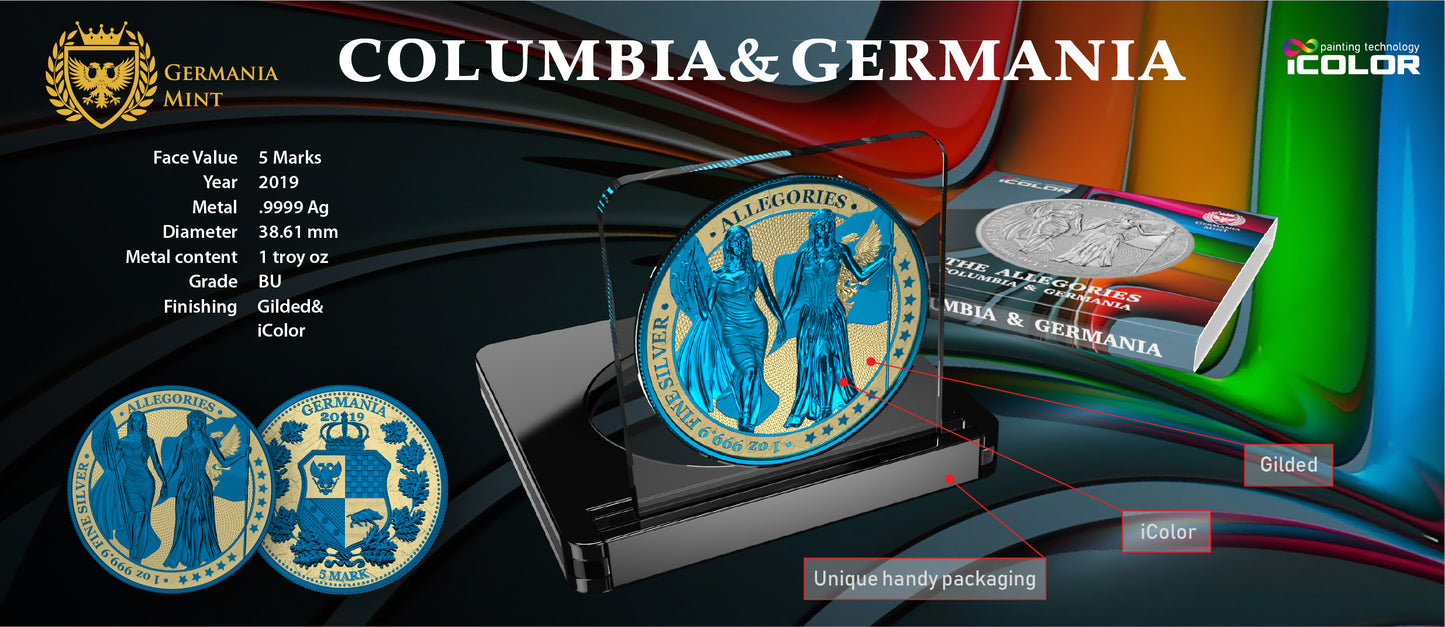 Germania 2019 5 Mark Allegories Columbia 1 Oz Silver Coin Gilded & Space Blue