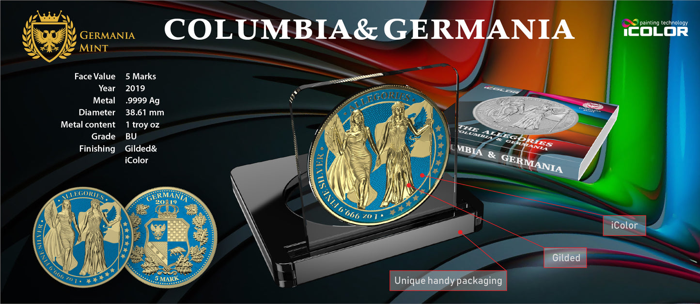 Germania 2019 5 Mark Allegories Columbia 1 Oz Silver Coin Space Blue & Gilded