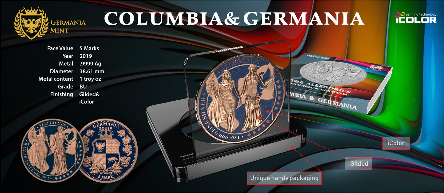 Germania 2019 5 Mark Allegories Columbia 1 Oz Silver Coin Dark Blue & Gilded