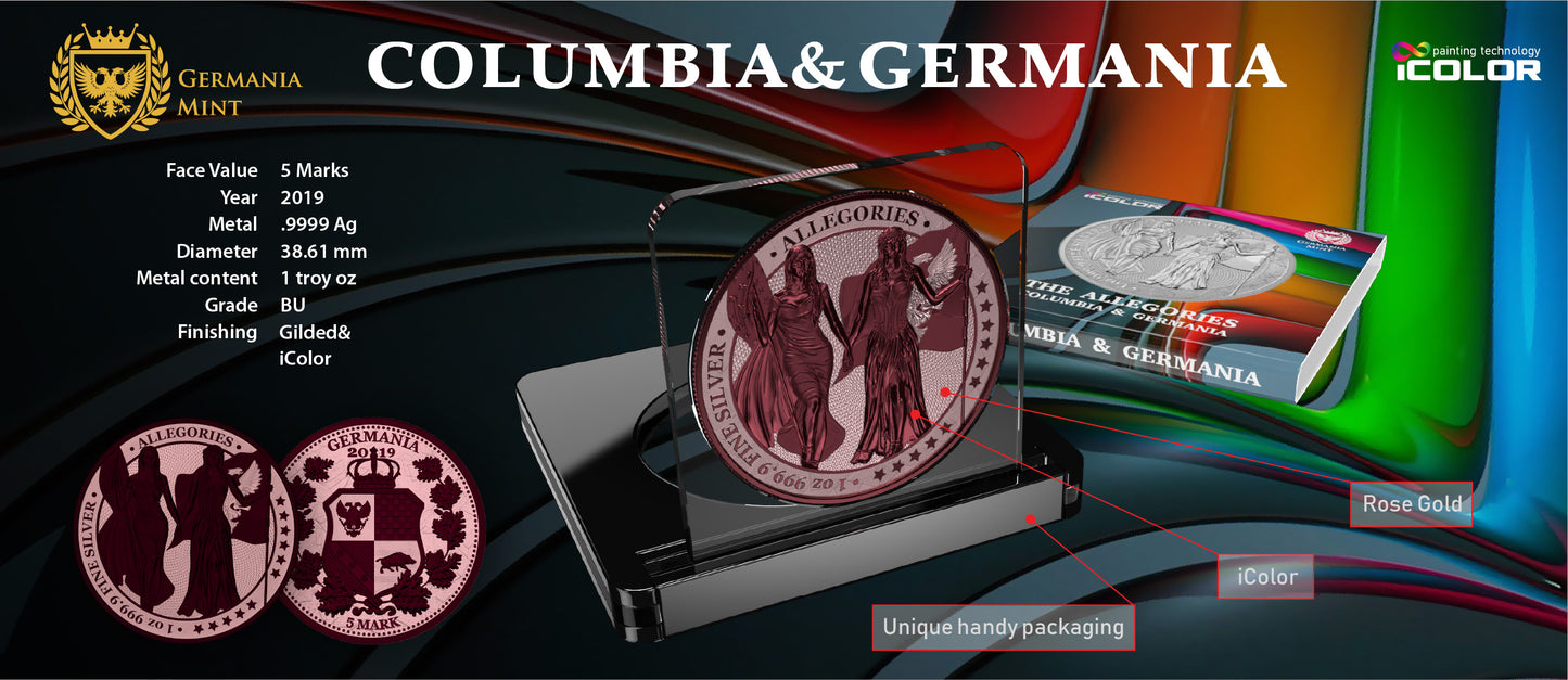 Germania 2019 5 Mark Allegories Columbia 1 Oz Silver Coin Rose Gold & Maroon