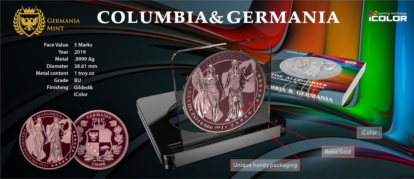 Germania 2019 5 Mark Allegories Columbia 1 Oz Silver Coin Maroon & Rose Gold