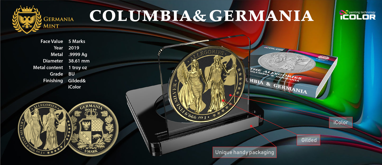 Germania 2019 5 Mark Allegories Columbia 1 Oz Silver Coin Black Varnish & Gilded