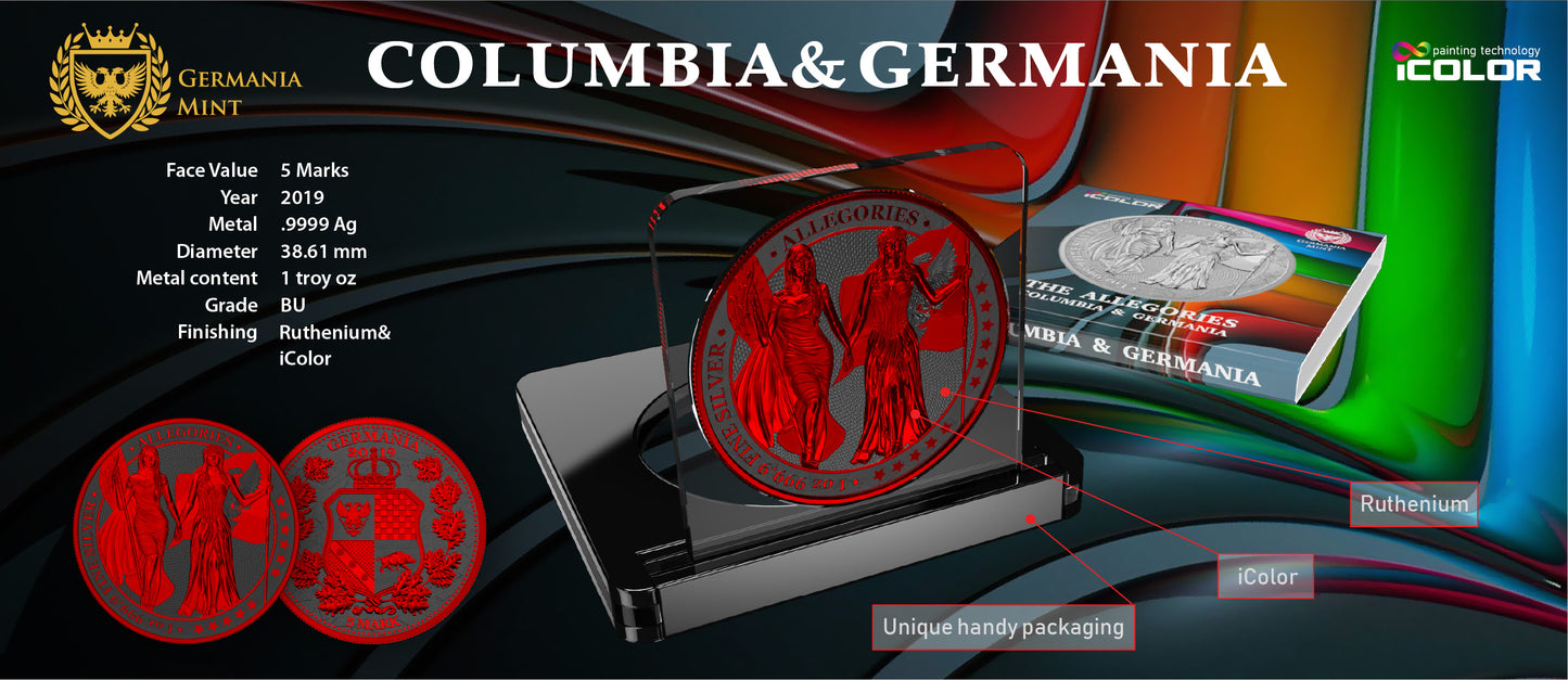 Germania 2019 5 Mark Allegories Columbia 1 Oz Silver Coin Ruthenium & Space Red