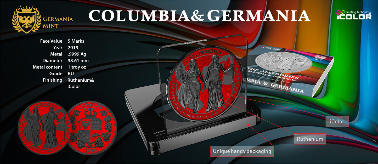 Germania 2019 5 Mark Allegories Columbia 1 Oz Silver Coin Space Red Ruthenium