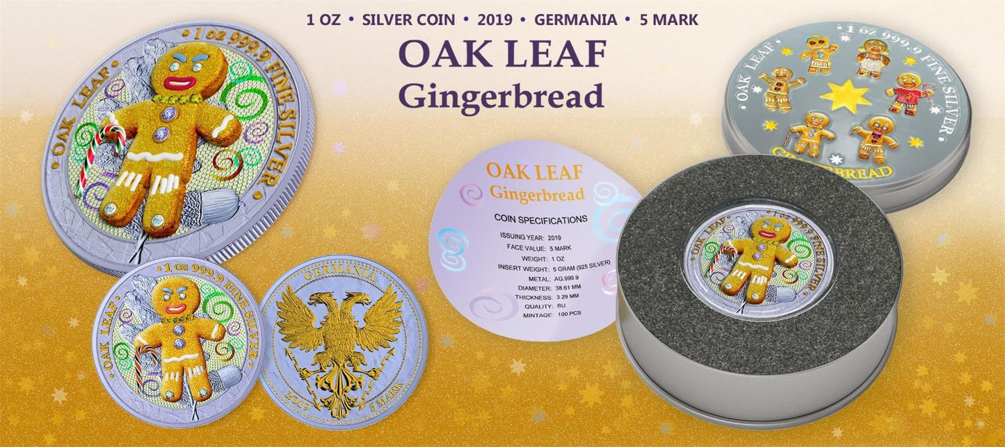 Germania 2019 5 Mark Oak Leaf 3D Gingerbread Insert 1 Oz Colored Gilded Silver Coin Crazy Daddy