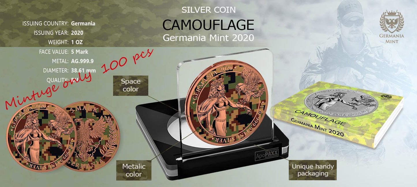 Germania 2020 5 Mark Camouflage 1 Oz Silver Colored Silver Coin East