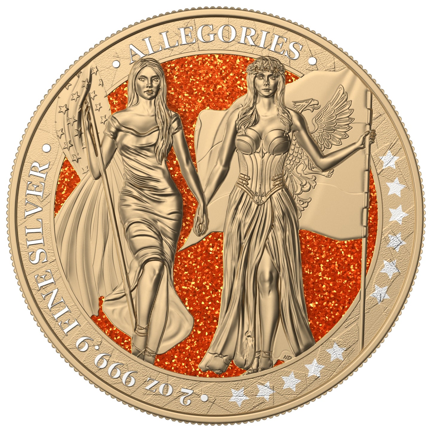 Germania 2019 10 Mark Allegories Columbia Diamond Dust Orange 2 Oz Gilded Silver Coin