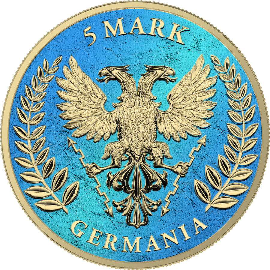 Germania 2020 5 Mark Lady Germania Space Blue Gilded Edition 1 Oz Colored Silver Coin