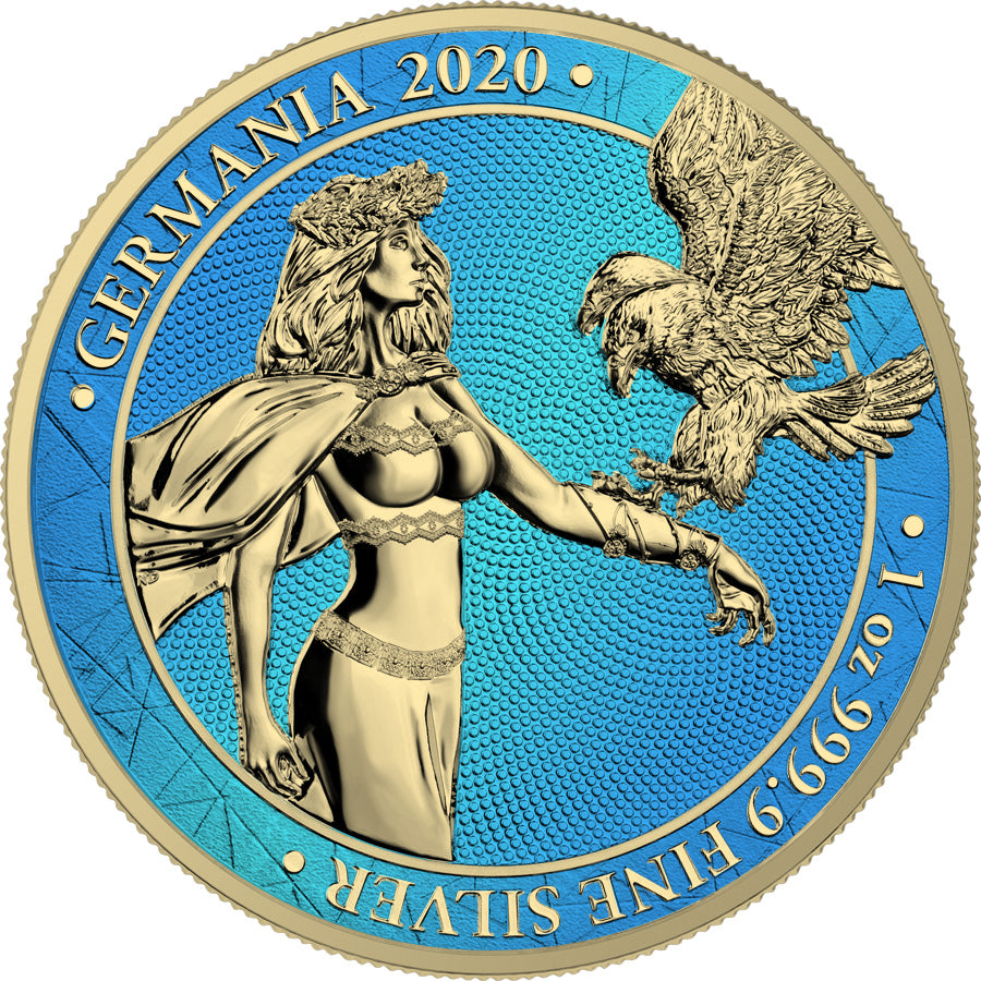 Germania 2020 5 Mark Lady Germania Space Blue Gilded Edition 1 Oz Colored Silver Coin