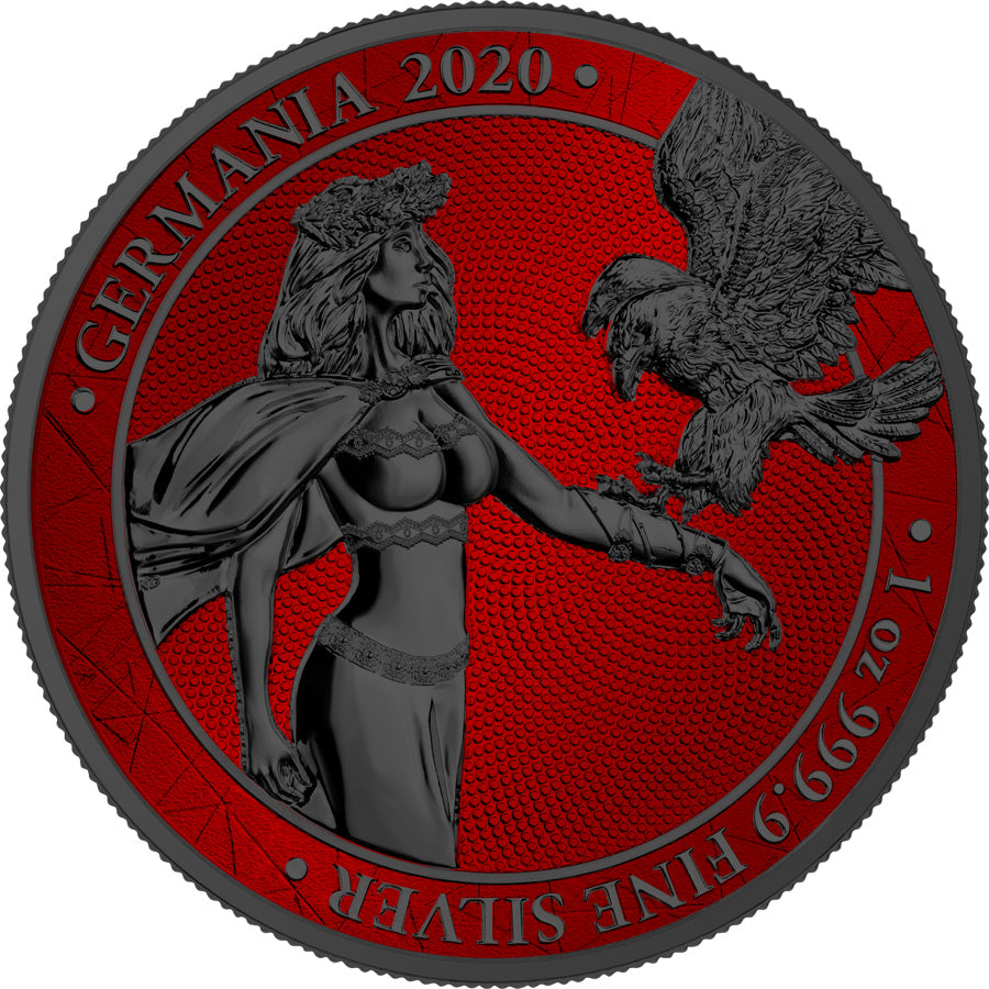 Germania 2020 5 Mark Lady Germania Space Red Ruthenium Edition 1 Oz Colored Silver Coin