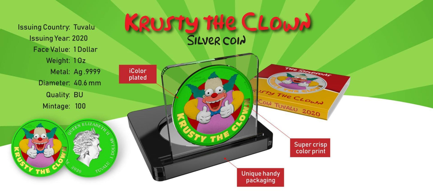 Tuvalu 2020 1$ Krusty The Clown 1 Oz Colored Silver Coin Space Green