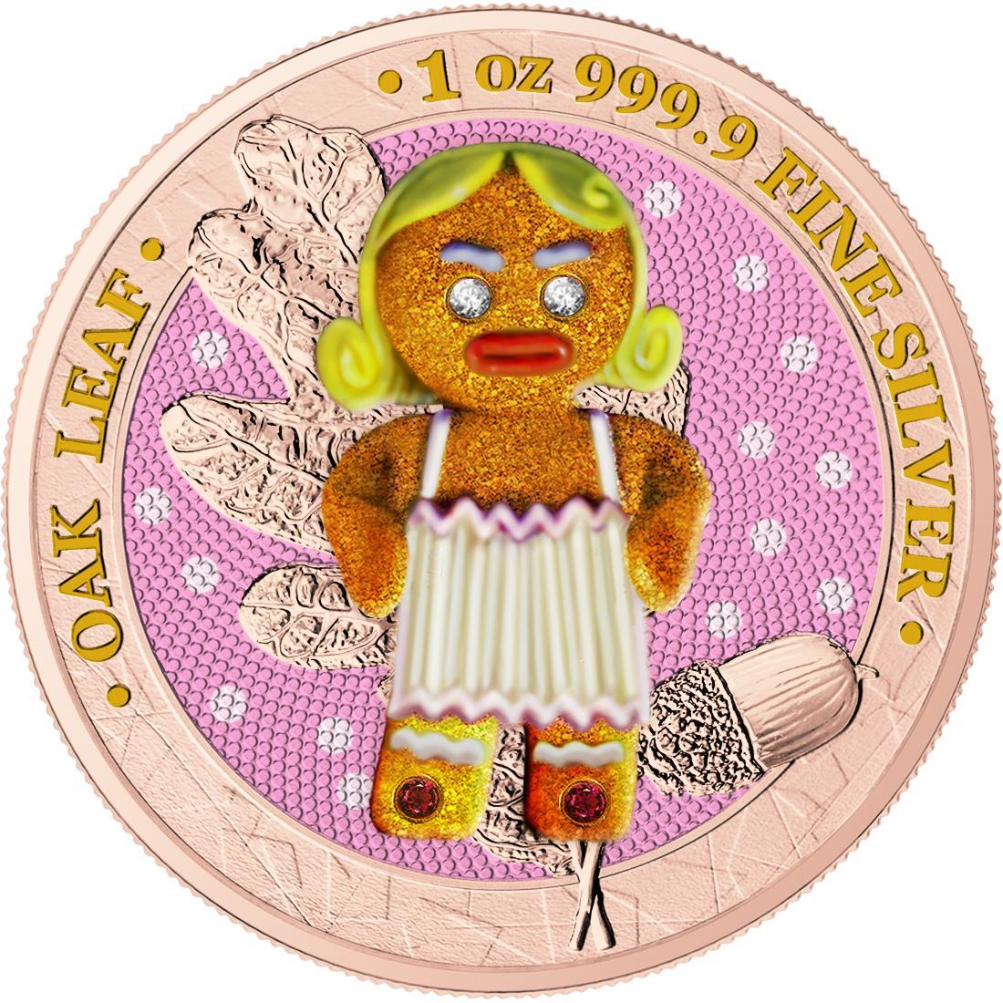 Germania 2019 5 Mark Oak Leaf 3D Gingerbread Insert 1 Oz Colored Gilded Silver Coin Lady Blondie