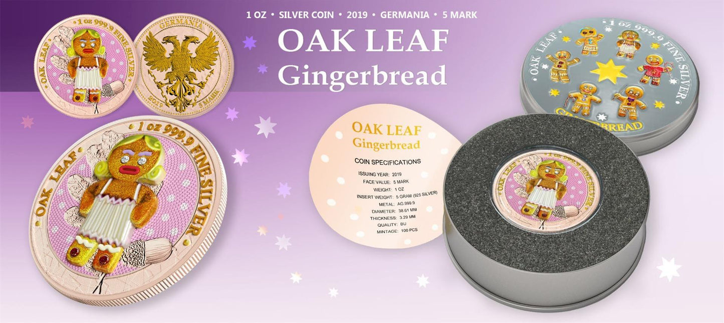 Germania 2019 5 Mark Oak Leaf 3D Gingerbread Insert 1 Oz Colored Gilded Silver Coin Lady Blondie