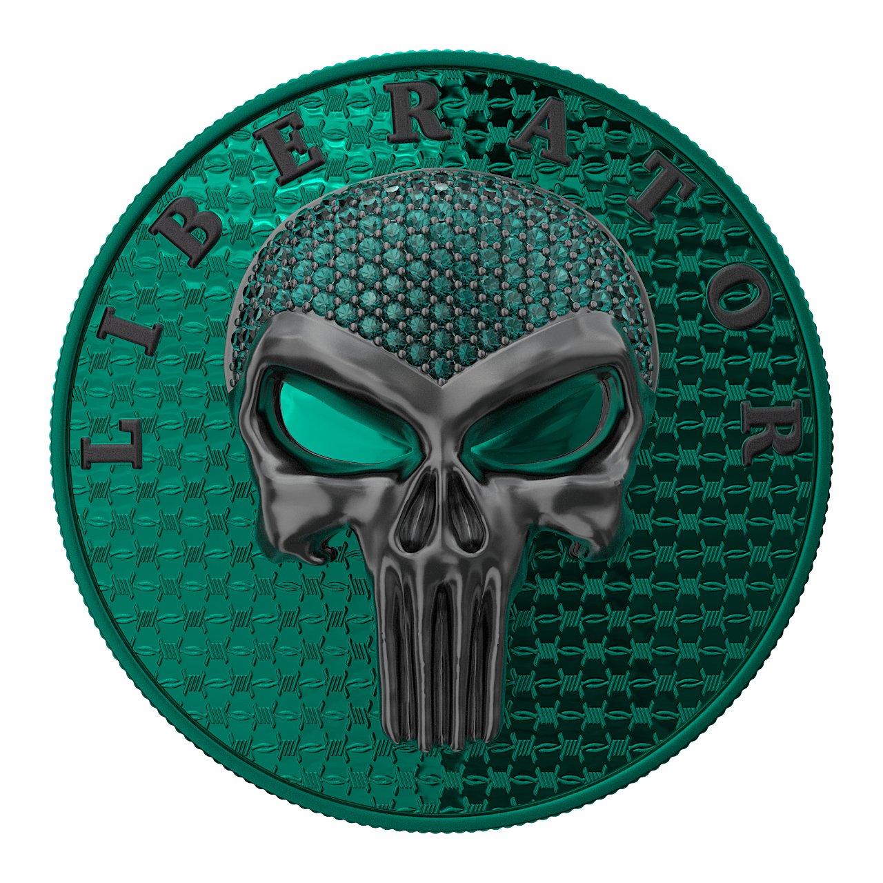 Dark Side 2021 1 Soul Proof Liberator Black Skull with Real Swarovski Crystals 1 Oz Colored Silver Coin Green