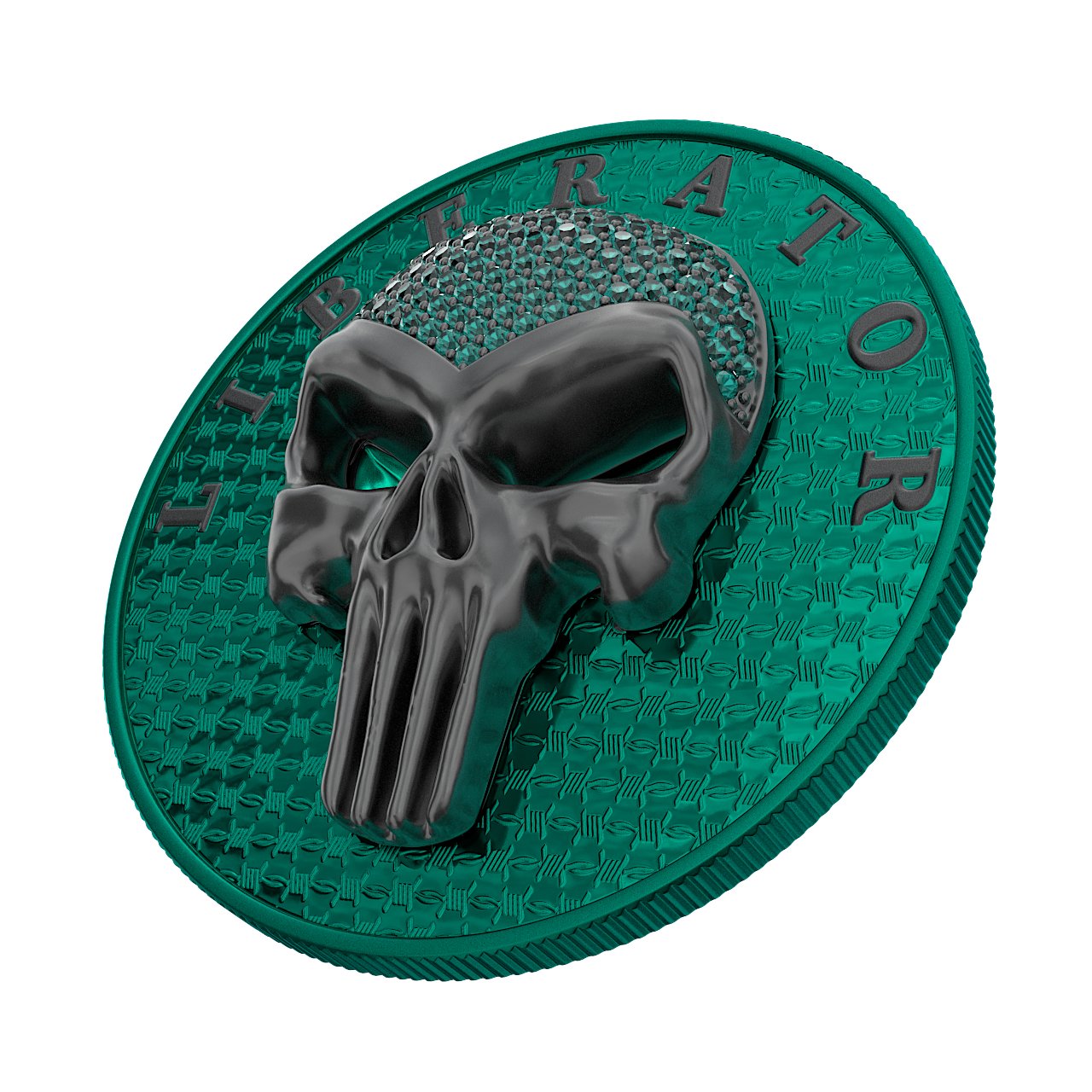 Dark Side 2021 1 Soul Proof Liberator Black Skull with Real Swarovski Crystals 1 Oz Colored Silver Coin Green