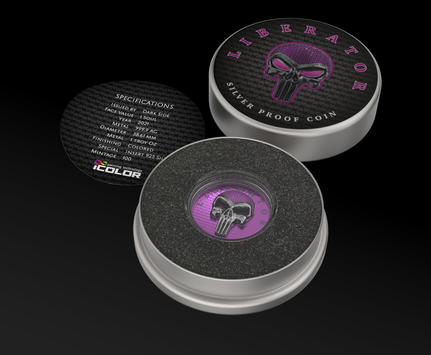 Dark Side 2021 1 Soul Proof Liberator Black Skull with Real Swarovski Crystals 1 Oz Colored Silver Coin Violet