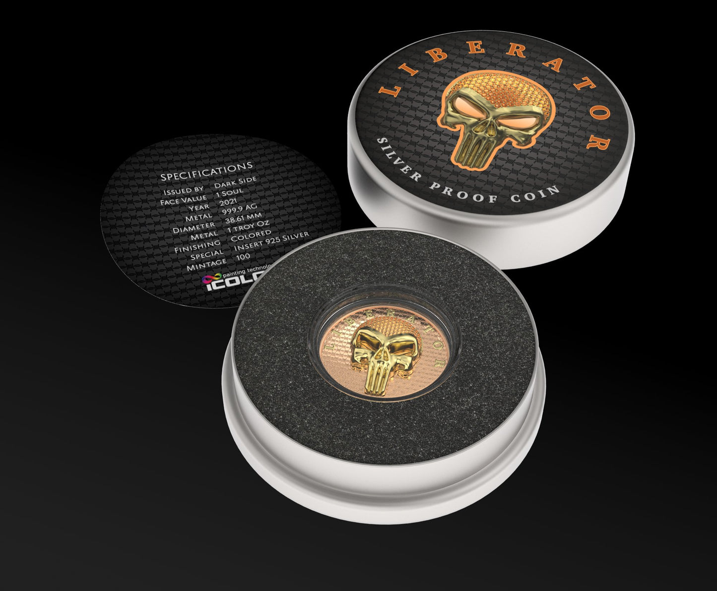 Dark Side 2021 1 Soul Proof Liberator Golden Skull with Real Swarovski Crystals 1 Oz Colored Silver Coin Orange