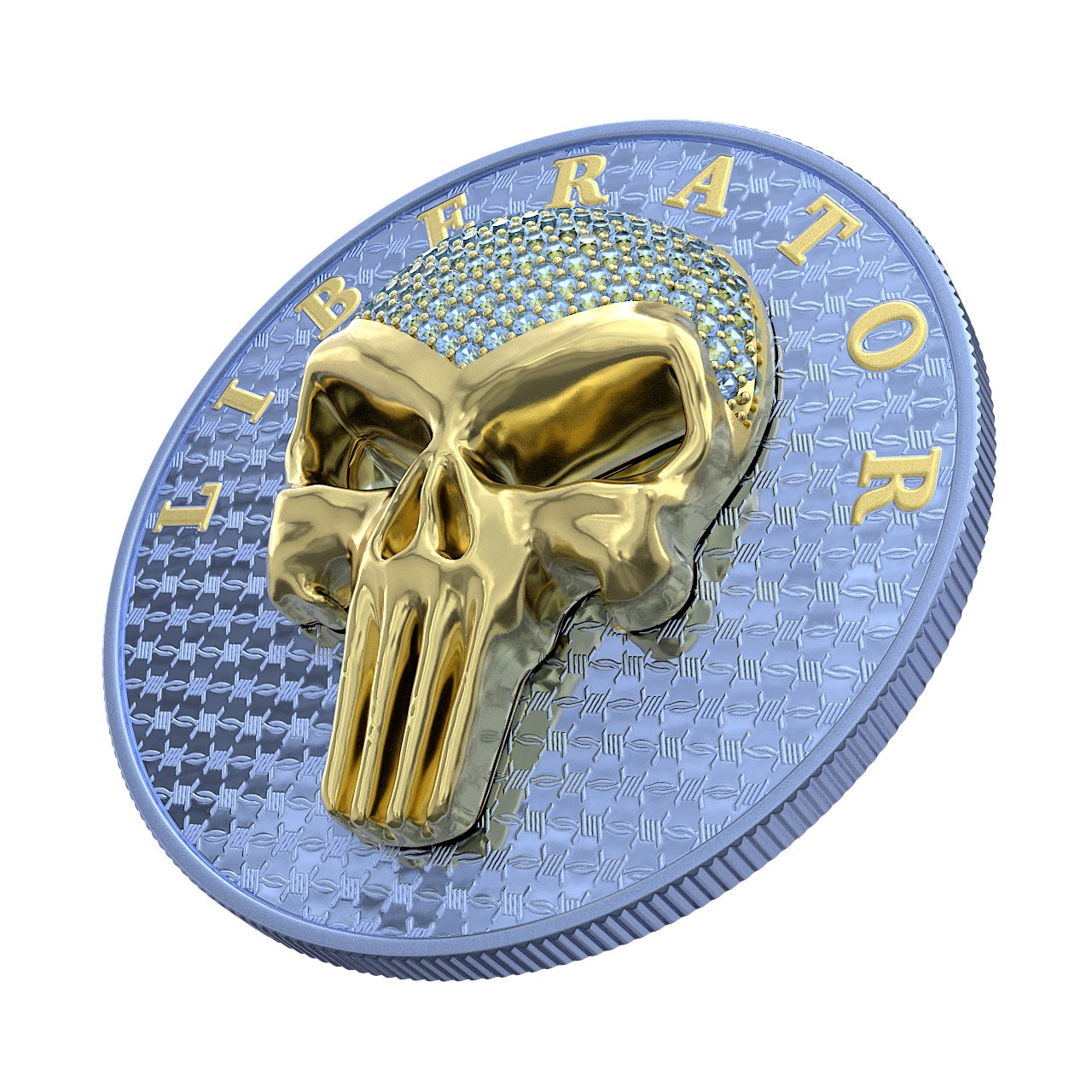 Dark Side 2021 1 Soul Proof Liberator Golden Skull with Real Swarovski Crystals 1 Oz Colored Silver Coin Tiffany Blue