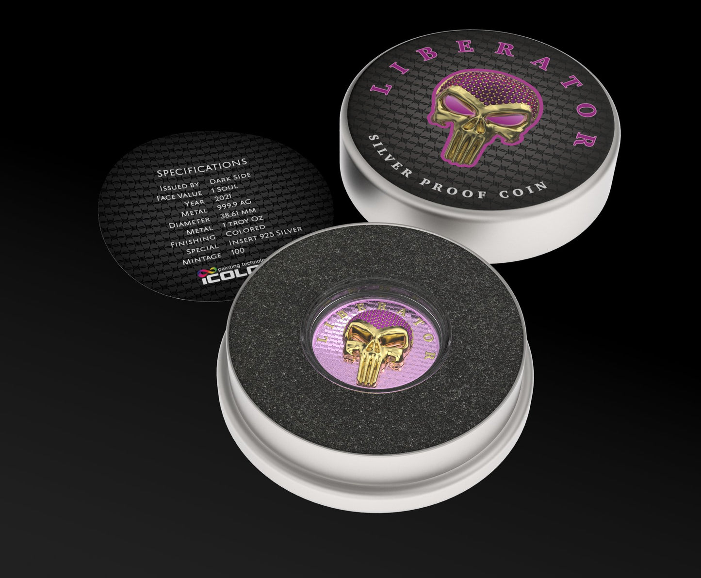 Dark Side 2021 1 Soul Proof Liberator Golden Skull with Real Swarovski Crystals 1 Oz Colored Silver Coin Pink