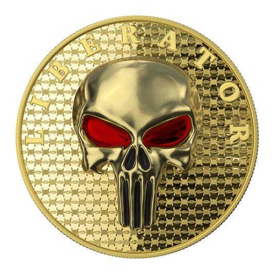 Dark Side 2021 1 Soul Proof Liberator Yellow Gold 1 Oz Proof 3D Insert Enameled Eyes Silver Round 925 Sterling Gold Skull