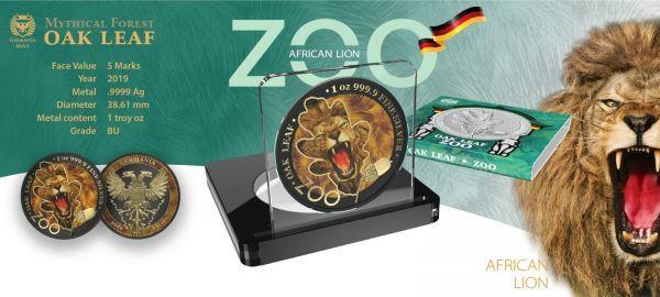 Germania 2019 5 Mark Oak Leaf Zoo Series 1 Oz Colored Silver Coin Lion