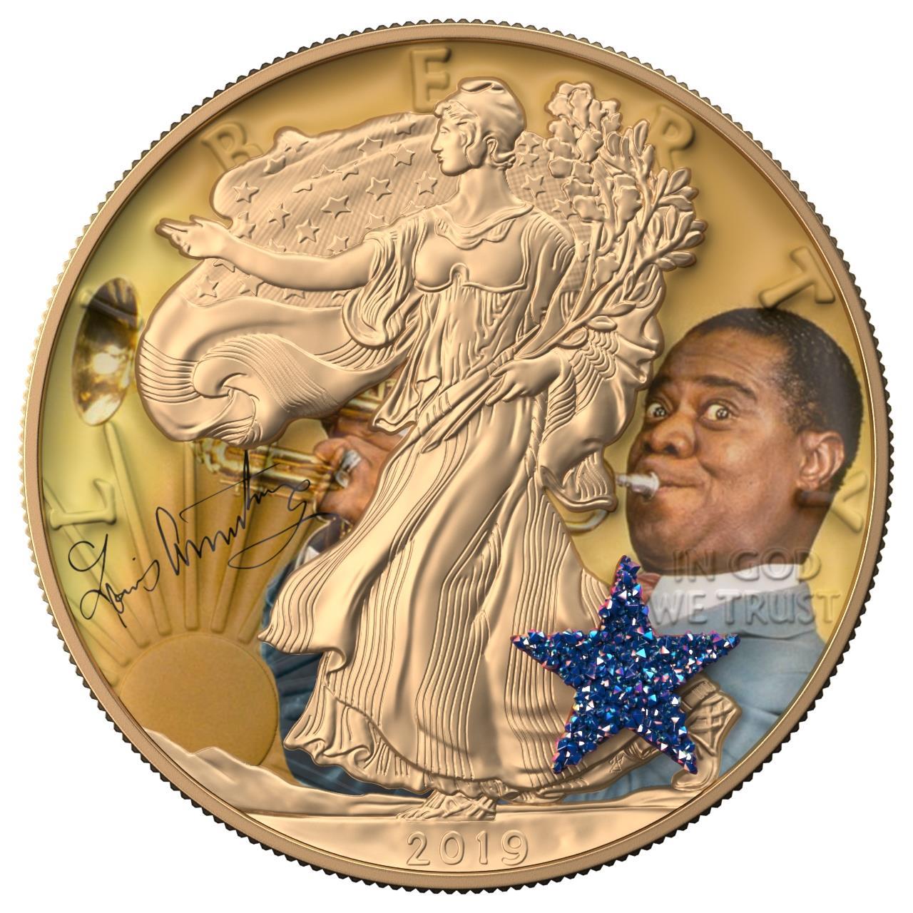 USA 2019 1$ American Eagle Superstar Series Louis Armstrong 1 Oz Bejeweled Silver Coin