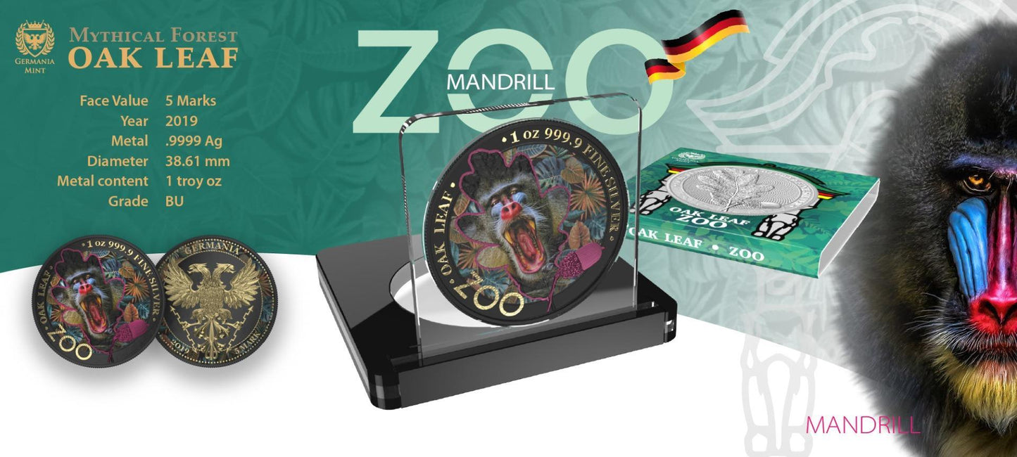 Germania 2019 5 Mark Oak Leaf Zoo Series 1 Oz Colored Silver Coin Mandrill