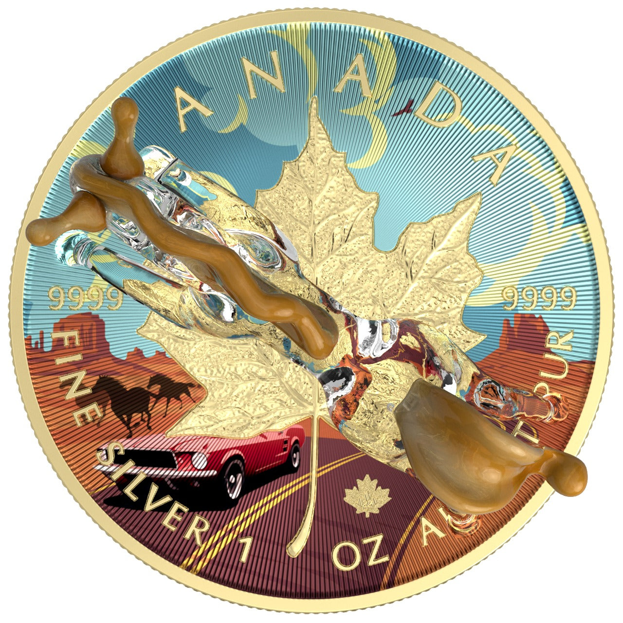 Canada 2022 5$ Maple Leaf Murano Collection 1 Oz Silver Coin with real Murano Figure Mustang