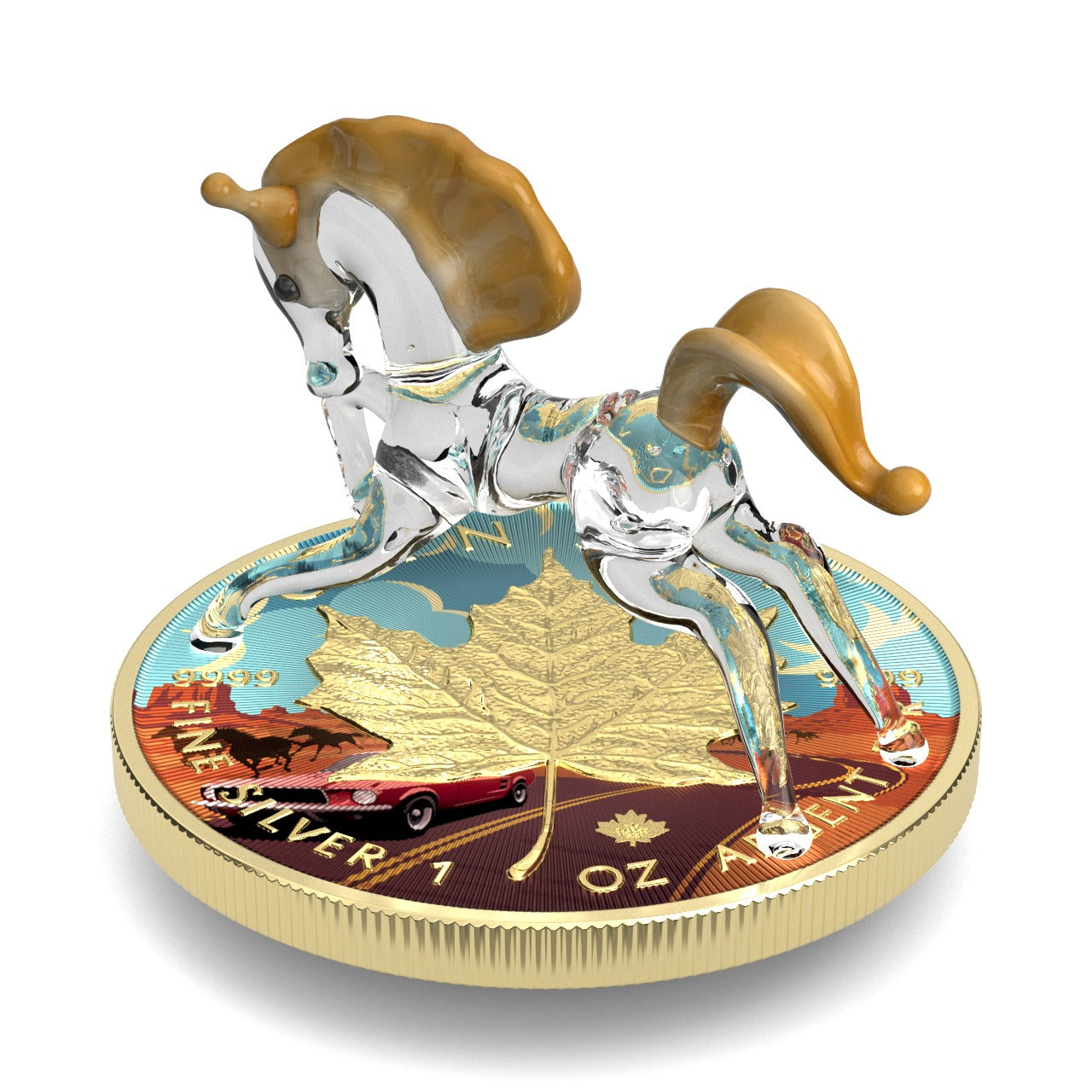 Canada 2022 5$ Maple Leaf Murano Collection 1 Oz Silver Coin with real Murano Figure Mustang