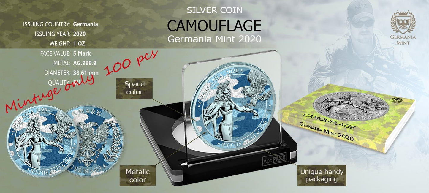 Germania 2020 5 Mark Camouflage 1 Oz Silver Colored Silver Coin New Swabia