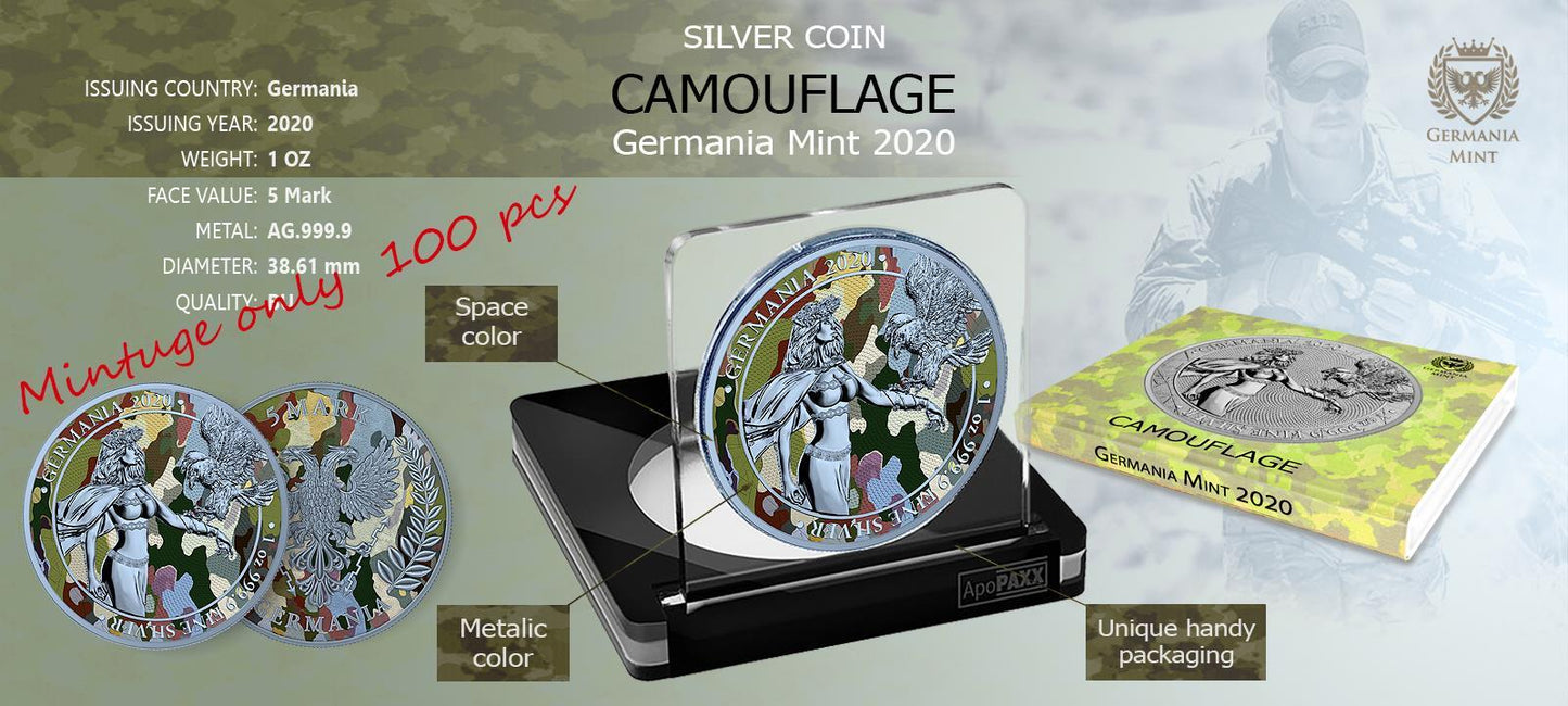 Germania 2020 5 Mark Camouflage 1 Oz Silver Colored Silver Coin Normandia