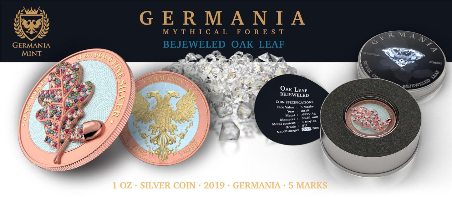 Germania 2019 5 Mark Oak Leaf 3D Leaf Series 1 Oz Colored Silver Coin Proof Pink