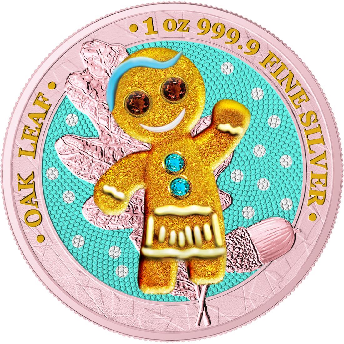 Germania 2019 5 Mark Oak Leaf 3D Gingerbread Insert 1 Oz Colored Gilded Silver Coin Pink Girl