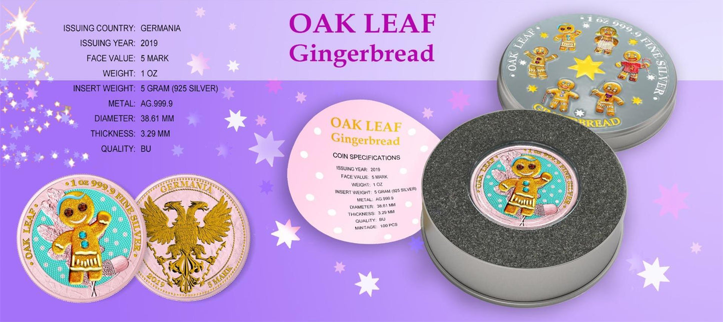 Germania 2019 5 Mark Oak Leaf 3D Gingerbread Insert 1 Oz Colored Gilded Silver Coin Pink Girl