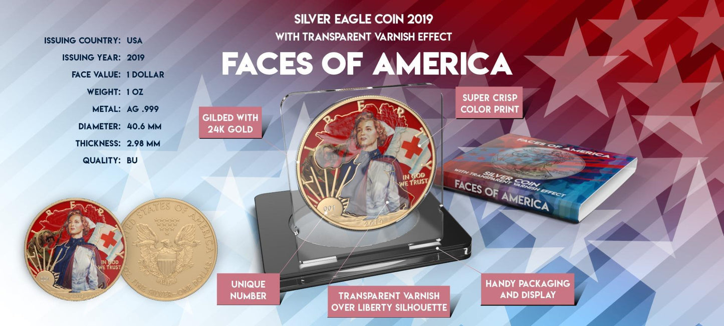 USA 2019 1$ Faces of America 1 Oz Colored Gilded Silver Coin Protect the lives