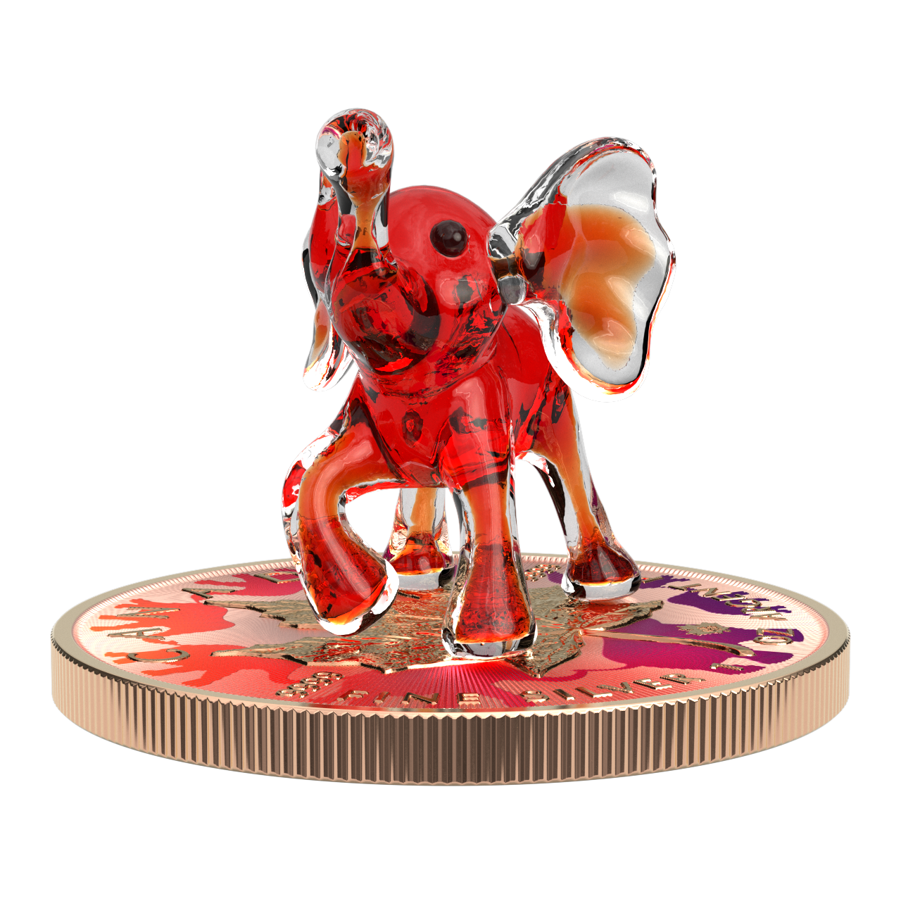 Canada 2022 5$ Maple Leaf Murano Collection 1 Oz Silver Coin with real Murano Figure Red Elephant