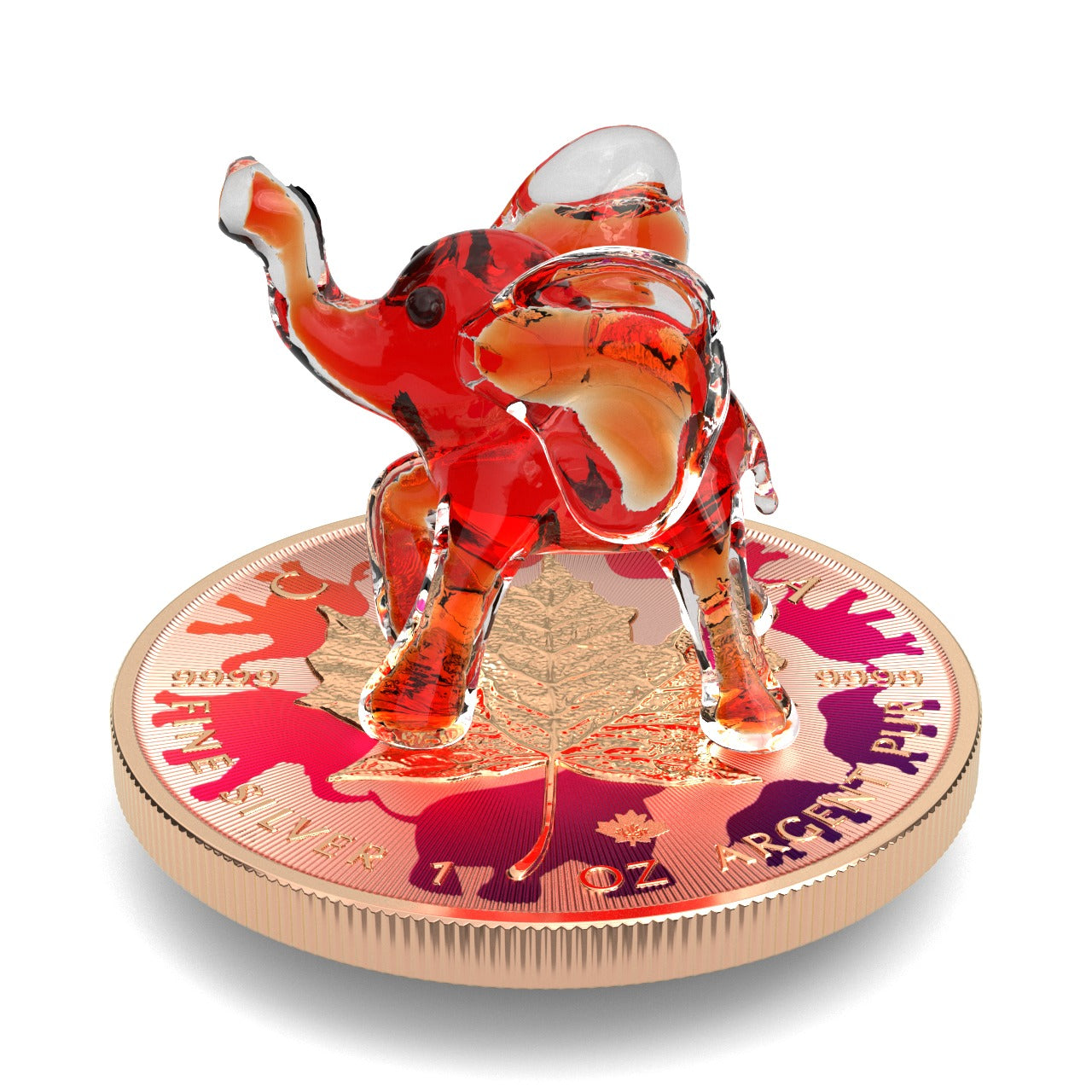 Canada 2022 5$ Maple Leaf Murano Collection 1 Oz Silver Coin with real Murano Figure Red Elephant