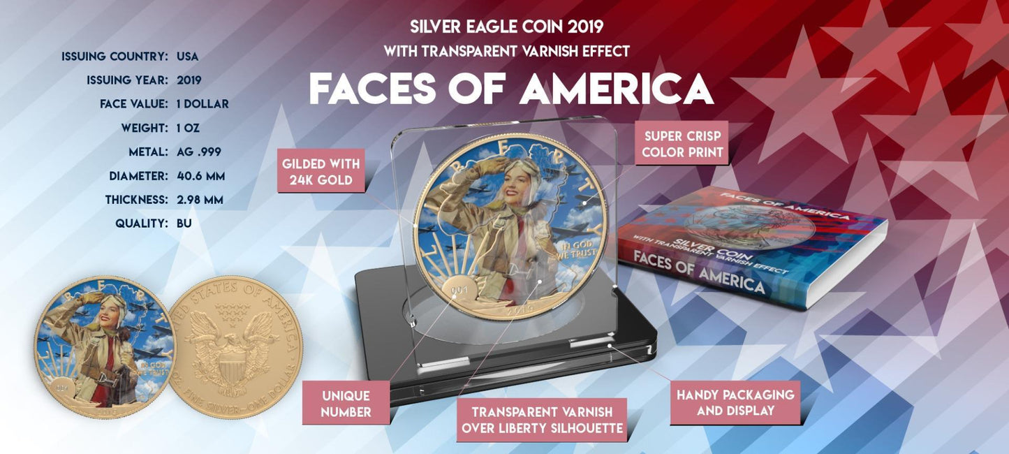 USA 2019 1$ Faces of America 1 Oz Colored Gilded Silver Coin Roaring Sky