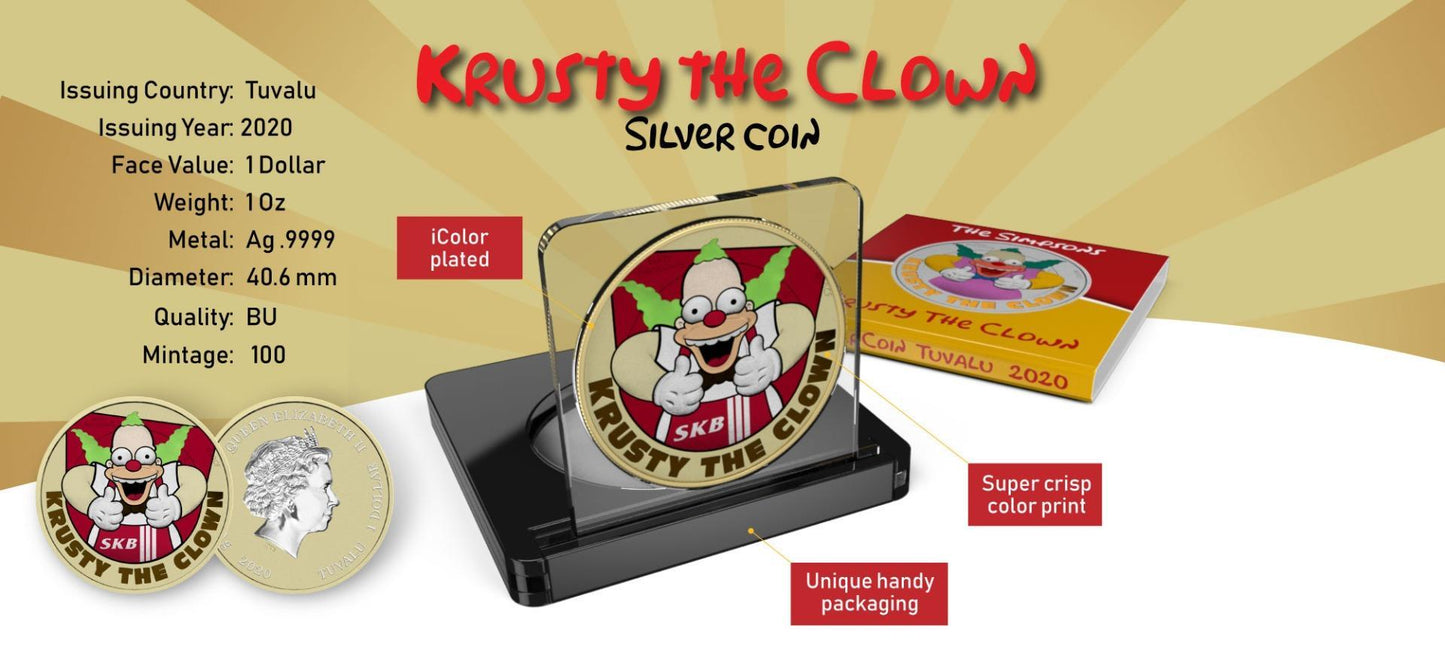 Tuvalu 2020 1$ Krusty The Clown 1 Oz Colored Silver Coin Springfield Krusty Burger