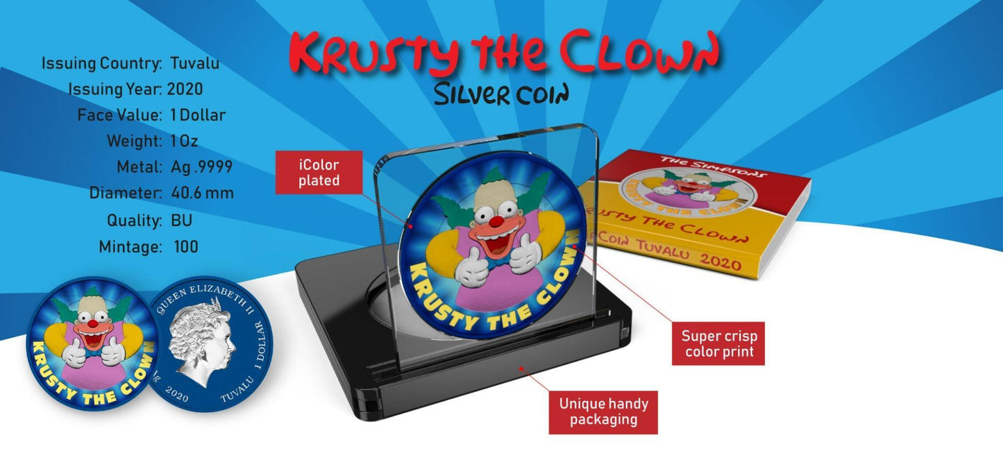 Tuvalu 2020 1$ Krusty The Clown 1 Oz Colored Silver Coin College