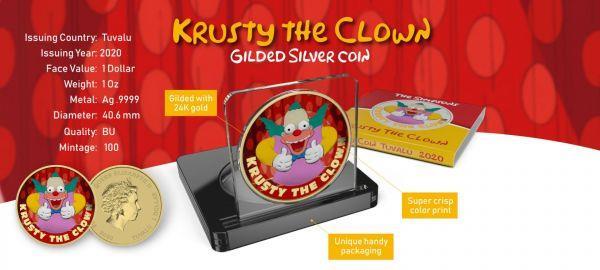 Tuvalu 2020 1$ Krusty The Clown 1 Oz Colored Silver Coin Show