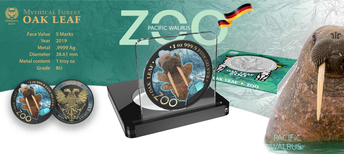 Germania 2019 5 Mark Oak Leaf Zoo Series 1 Oz Colored Silver Coin Pacific Walrus