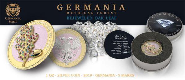 Germania 2019 5 Mark Oak Leaf 3D Leaf Series 1 Oz Colored Silver Coin Yellow