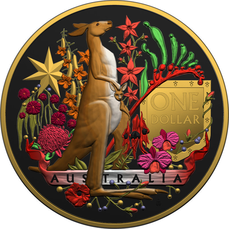 Australia 2021 2x1$ Coat Of Arms Emu & Kangaroo 2x1 Oz Colored Gilded Silver Coin Set