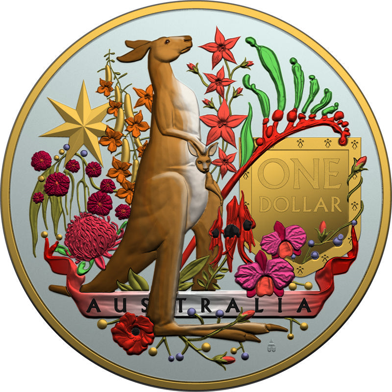 Australia 2021 2x1$ Coat Of Arms Emu & Kangaroo 2x1 Oz Colored Gilded Silver Coin Set