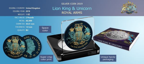 UK 2019 2£ - Royal Arms - Lion King & Unicorn - Metallic - 1 Oz Silver Coin